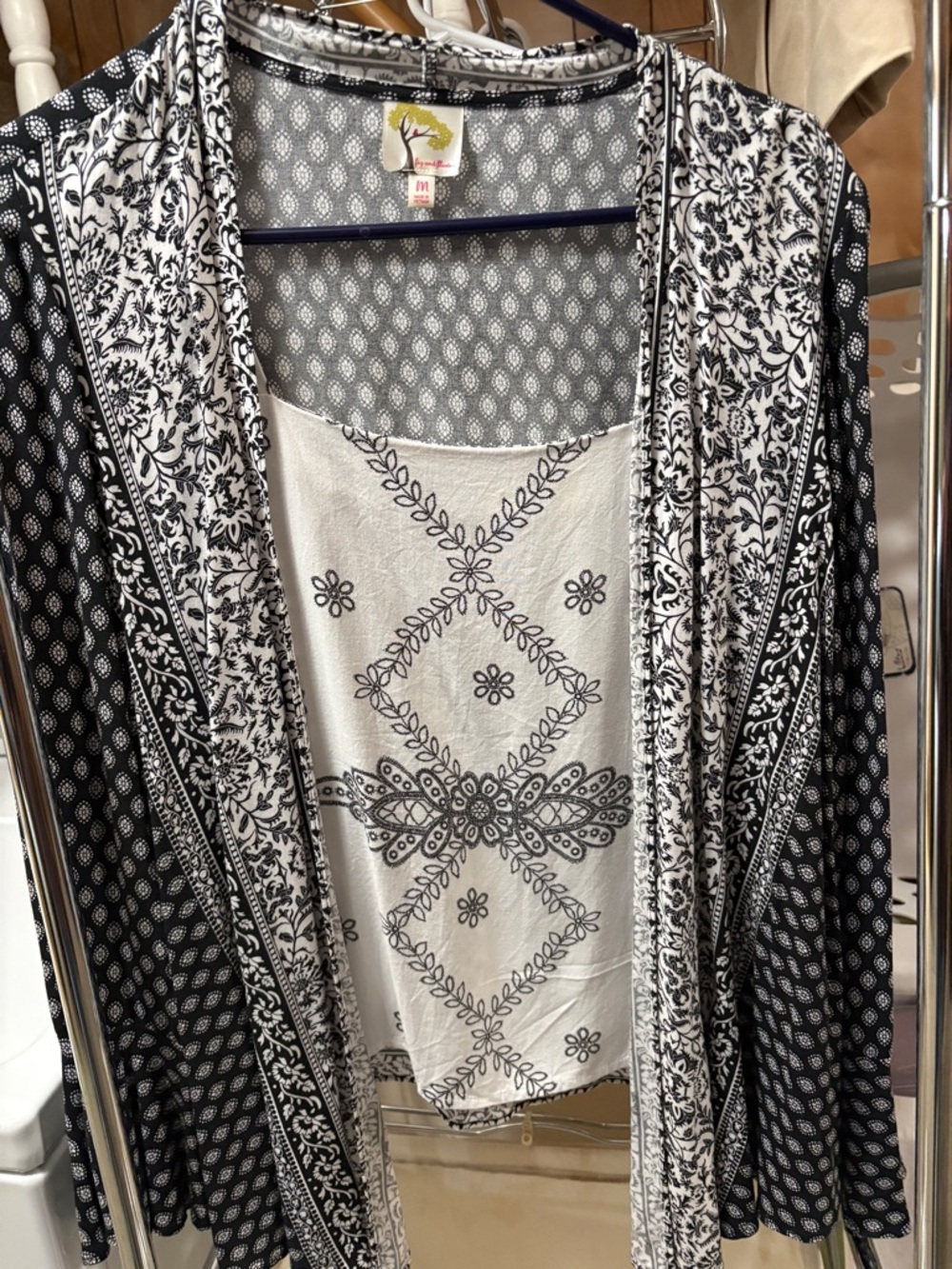 fig and flower Black & White Floral Print Cardigan with Pink Logo Detail